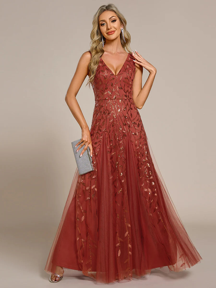 Shiny V-Neck Sequin Sleeveless Evening Dress with Tulle