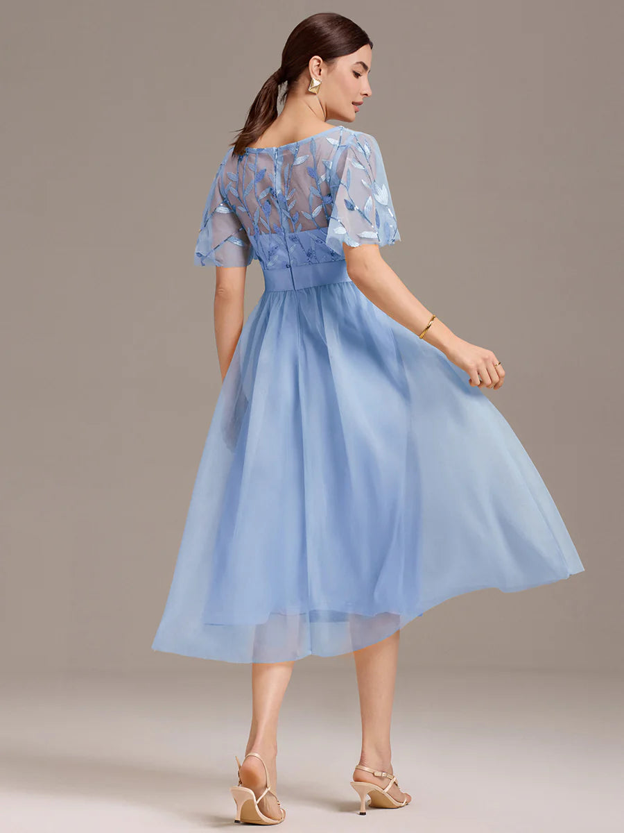 Bulk Order | Plus Size Fit A-Line Deep V-Neck Evening Gown | Ruffled Short Sleeve Midi Dress