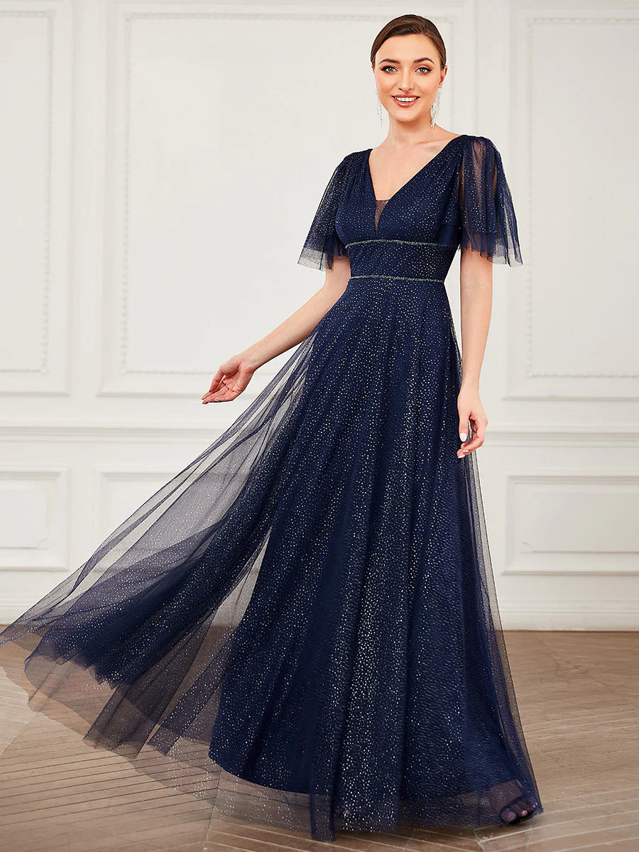 Wholesale Long Deep V Neck Maxi A-Line Tulle Evening Dress