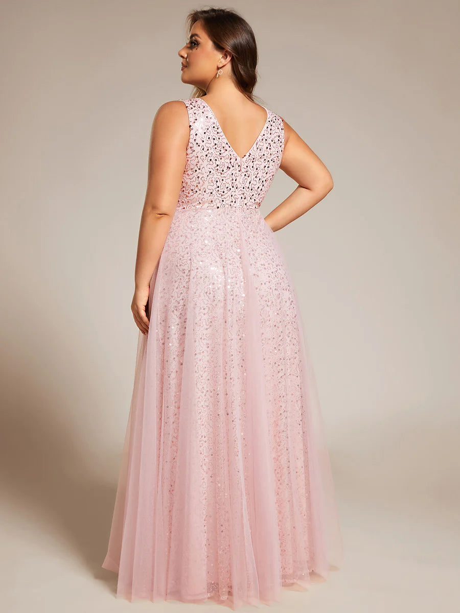 Elegant Plus Size V-Neck Backless Sequin Evening Dress with Sleeveless