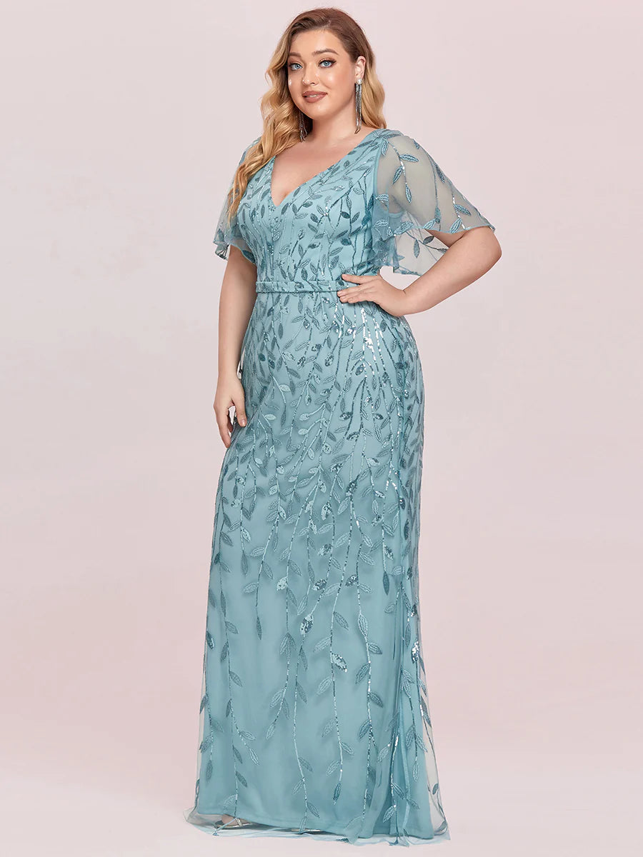 Fashion Plus Size Deep V Neck Wholesale Sequin & Tulle Evening Dress