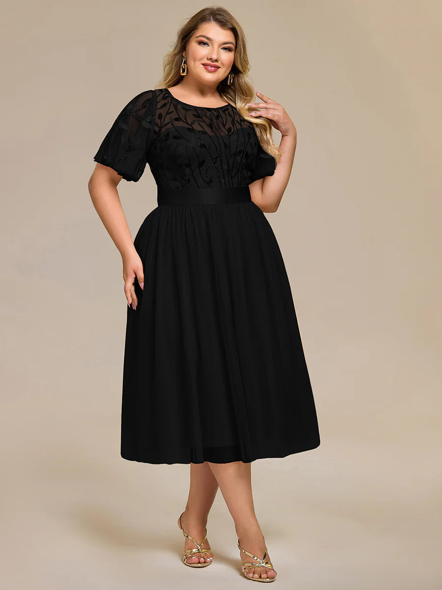 Bulk Order | Plus Size Fit A-Line Deep V-Neck Evening Gown | Ruffled Short Sleeve Midi Dress