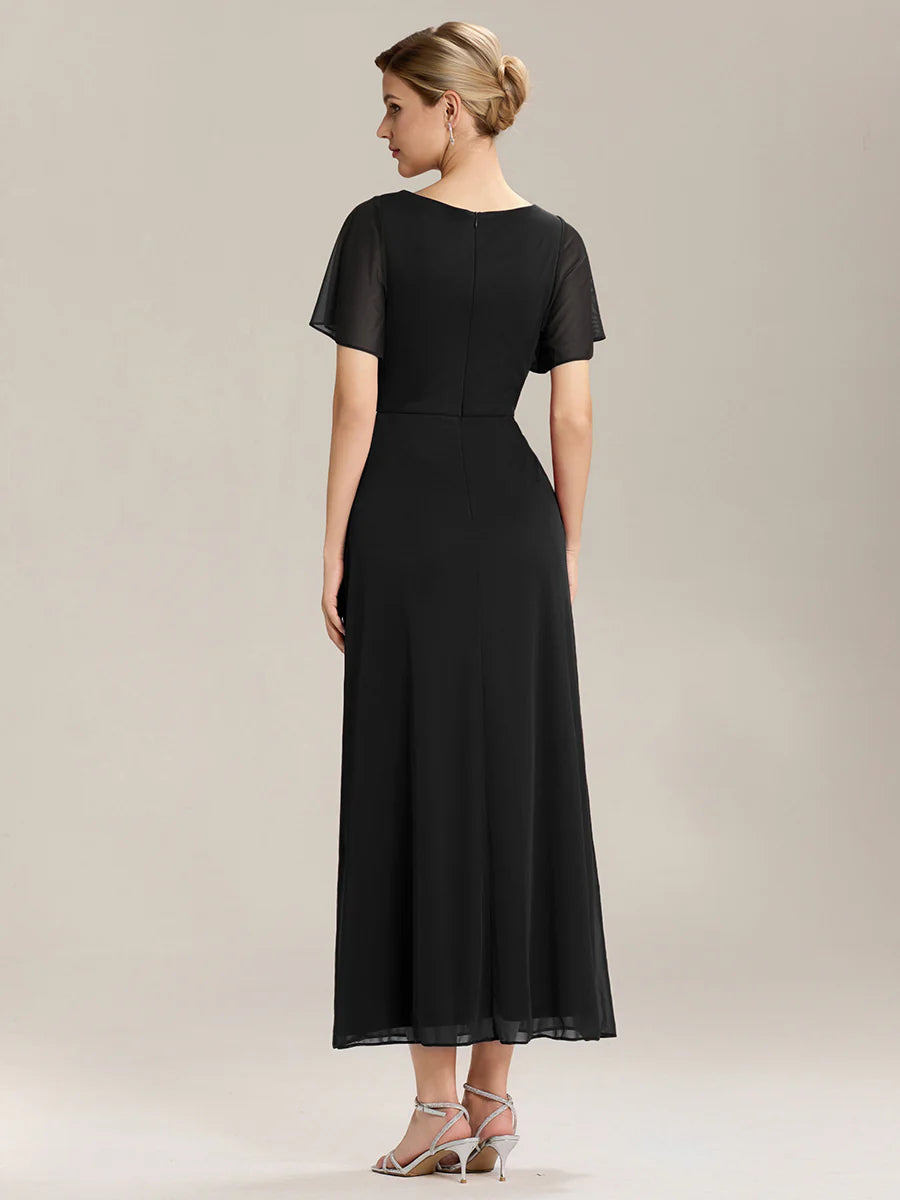 Short Sleeve Ruffle Deep V-Neck A-Line Maxi Dress with Slit Mother of the Bride Dresses
