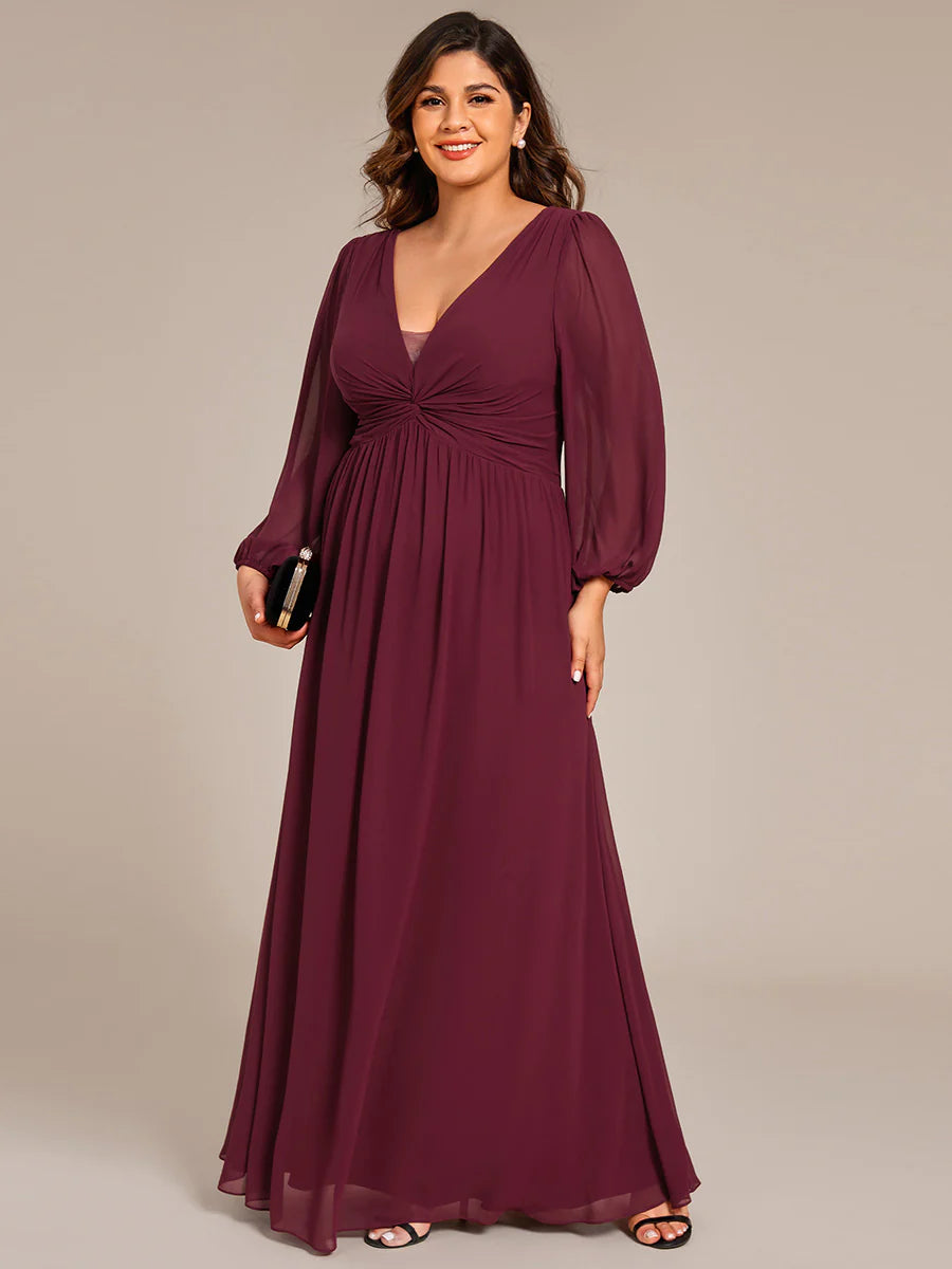 Plus Size Graceful See-Through V Neck Padded Enough Pleated Decoration Chiffon Evening Dresses