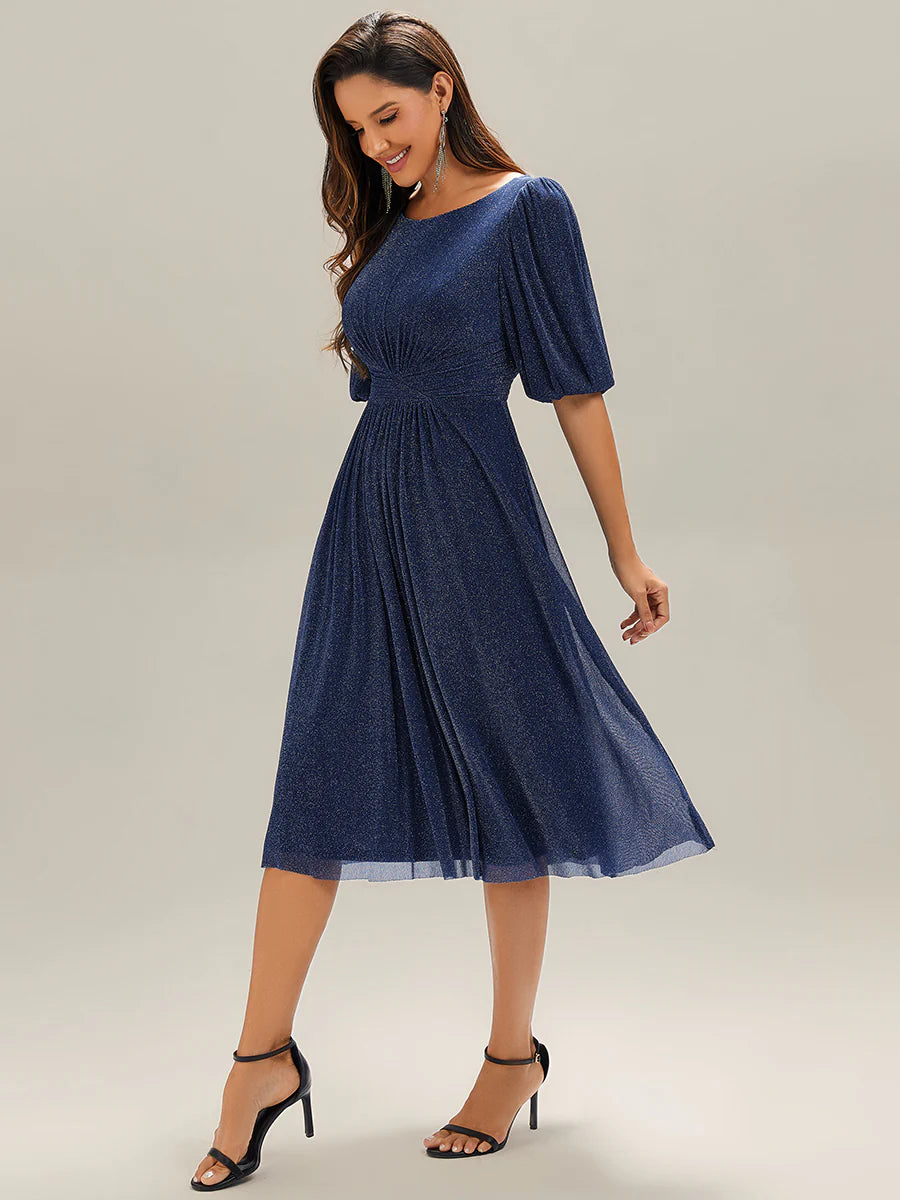 Half Sleeve Gathered A-Line Midi Length Wedding Guest Dresses