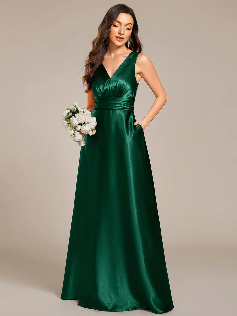 Elegant Deep V-Neck Floor Length Empire Waist Satin Bridesmaid Dresses with Pockets