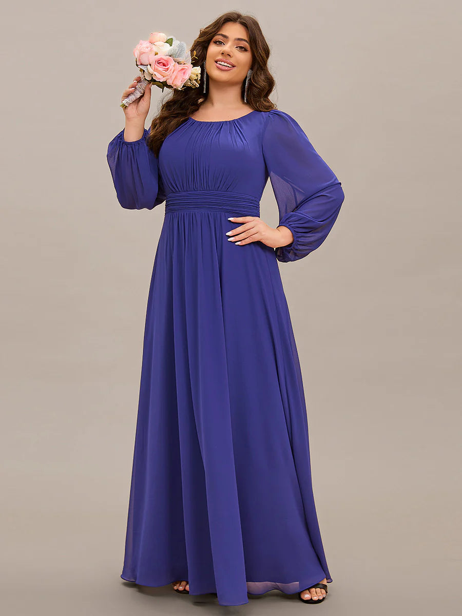Plus Size Round Neck Wholesale Bridesmaid Dresses with Long Lantern Sleeves