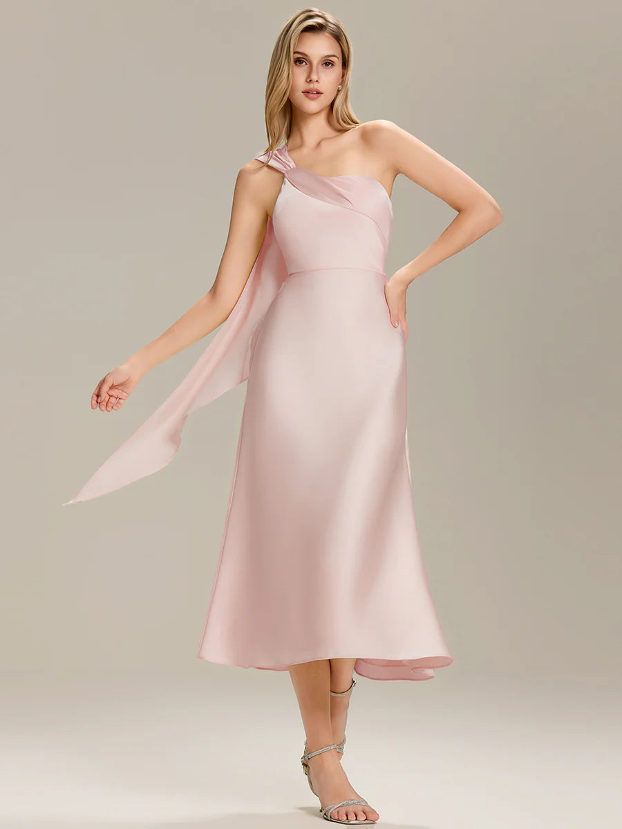 One Shoulder Gathered Non-Stretch Midi Wrap Wedding Guest Dresses