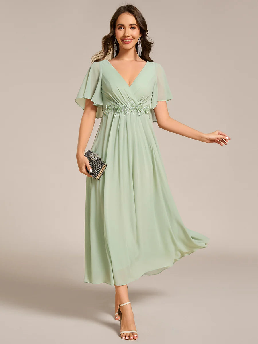 Applique V Neck Tea Length Wedding Guest Dress With Short Sleeves