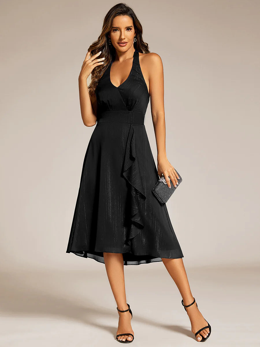 Elegant Halter Neckline Midi Length Shimmer Chiffon Wedding Guest Dresses with Lotus Leaf Asymmetrical Hem