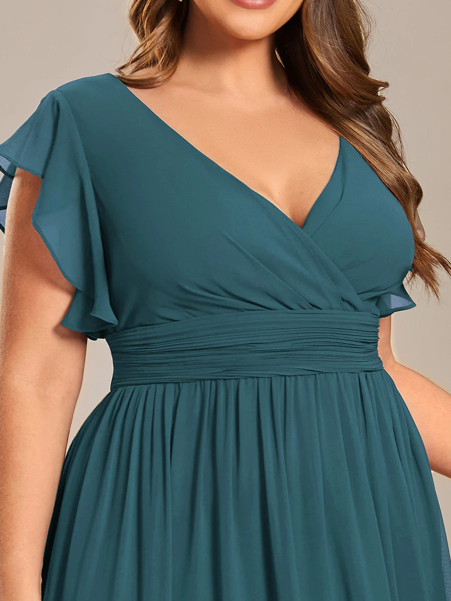 Plus V Neck Pleated Belted Ruffles Wholesale Bridesmaid Dresses
