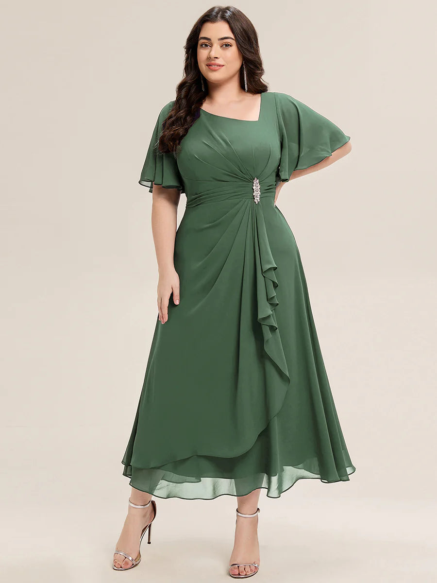 Plus Size Short Sleeve Ruffle Asymmetrical A-Line Midi Evening Dresses