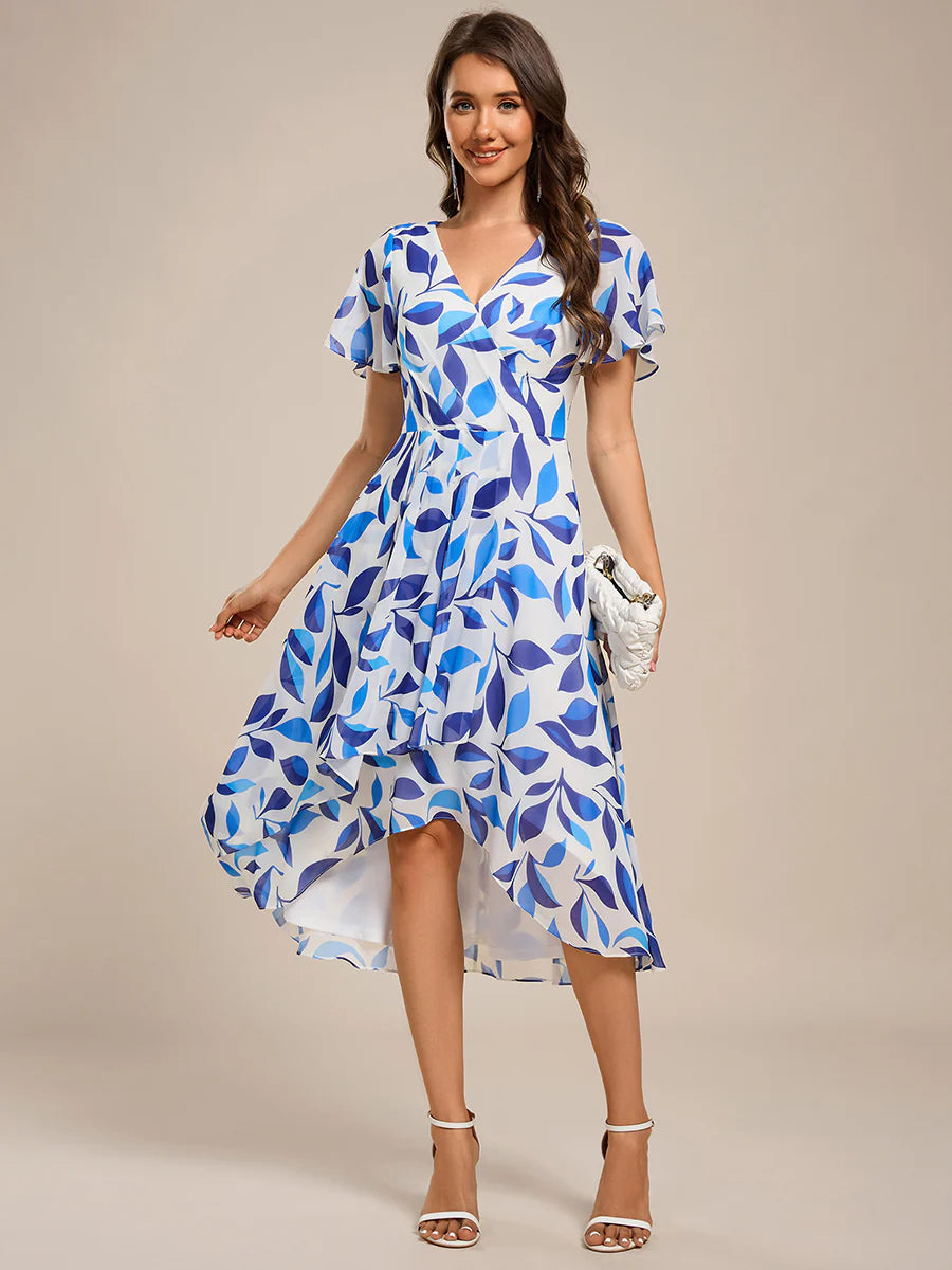 Short Sleeve Ruffled V-Neck Pleated Asymmetrical Midi Wedding Guest Dresses