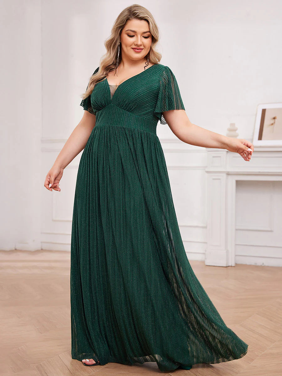 Plus Size Elegant See-Through Deep V Neck Floor Length Short Ruffles Sleeves Sequin Evening Dresses