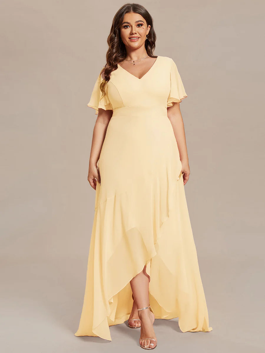 Plus V Neck High Low Ruffles Chiffon Wholesale Bridesmaid Dresses