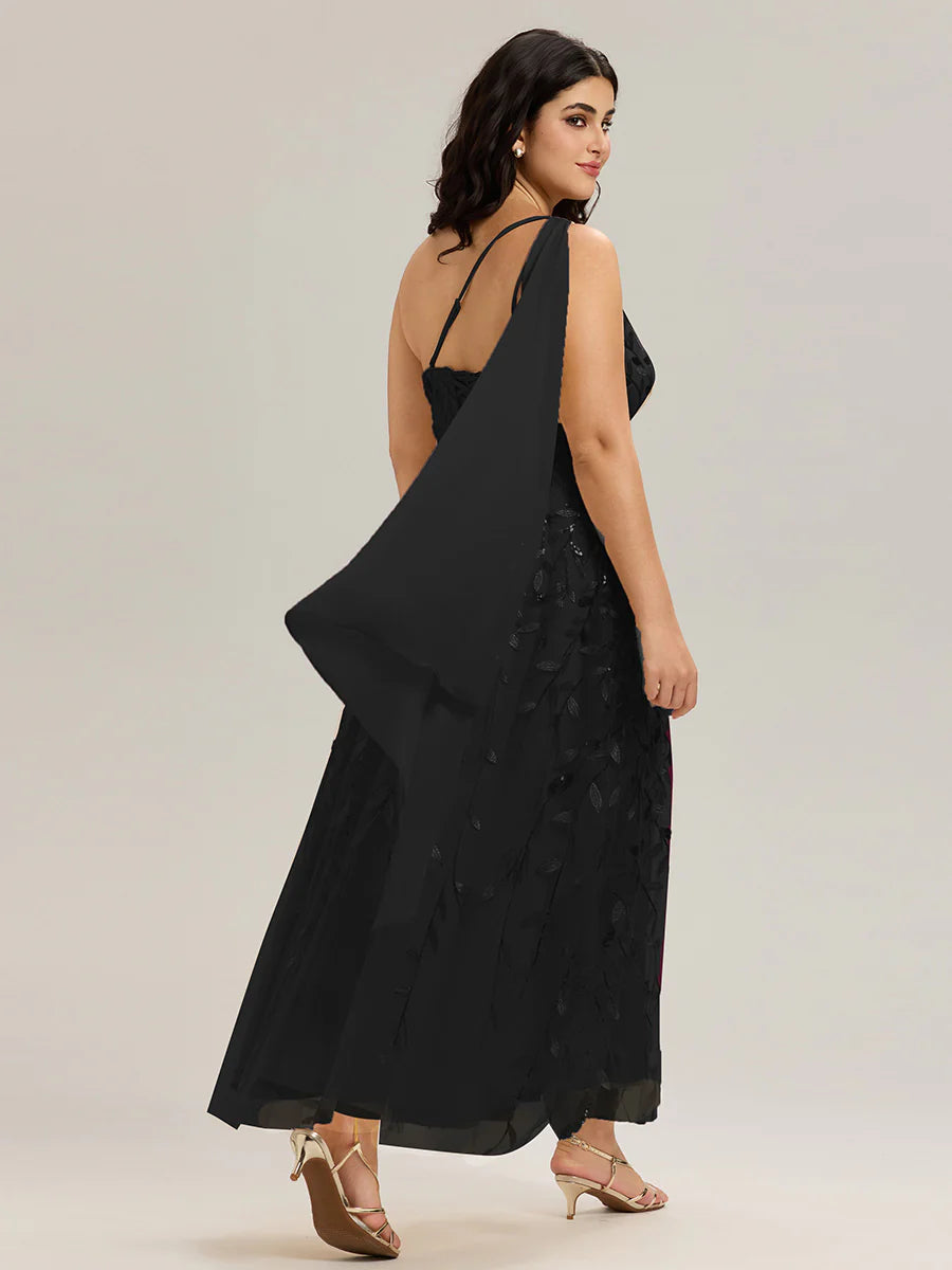 One Shoulder Sleeveless Sequin A-Line Maxi Wedding Guest Dress