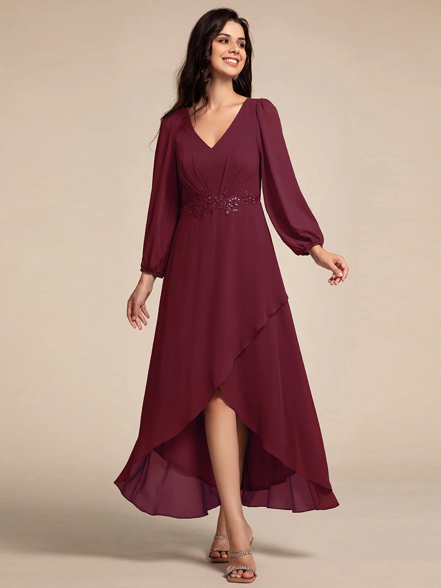 Elegant Applique Empire Waist Nine-Length Chiffon Evening Dresses with Regular fold stream Asymmetrical Hem