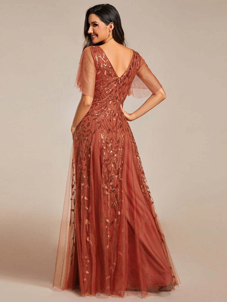 Deep V Neck Wholesale Sequin Evening Gown With Short Sleeves