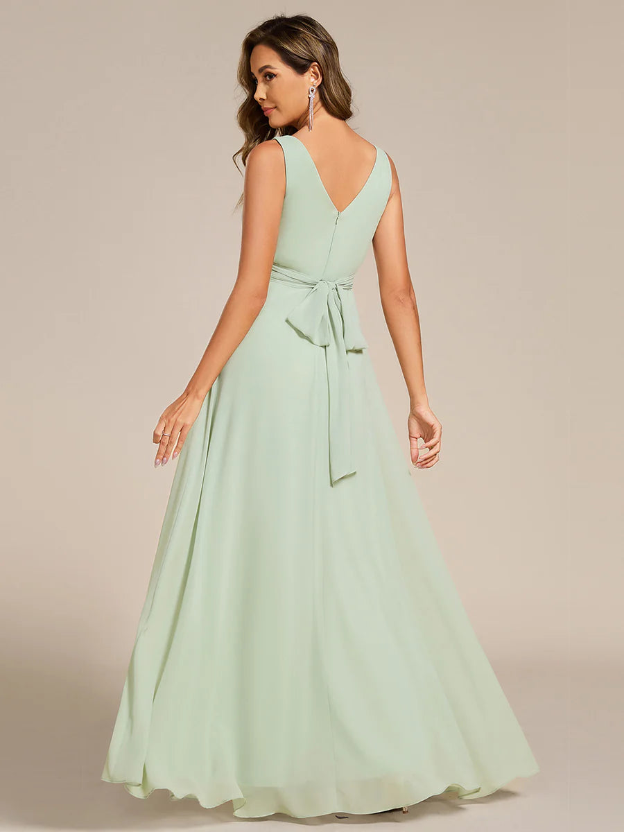 Asymmetrical Sleeveless V-Neck A-Line Floor-Length Bridesmaid Dress
