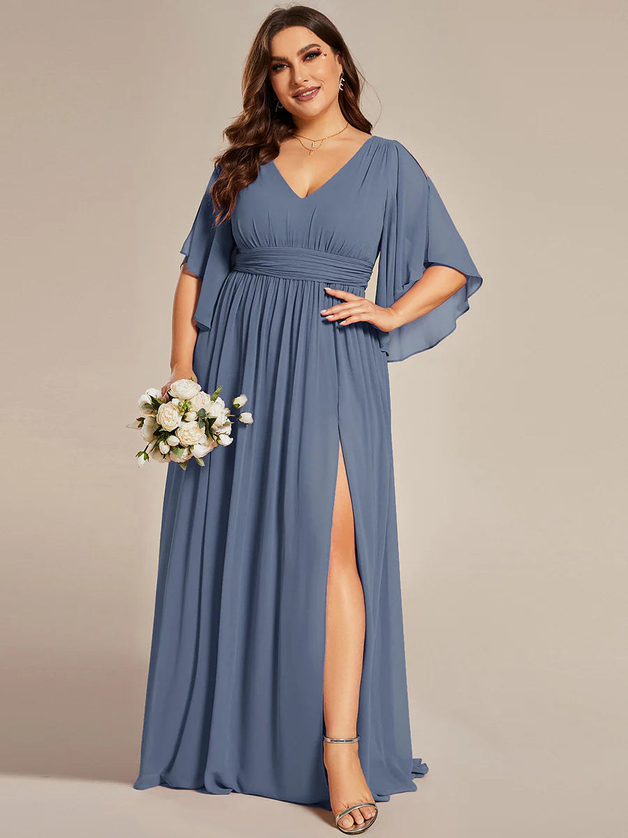Plus V Neck Pleated Belt Wholesale Chiffon Bridesmaid Dresses