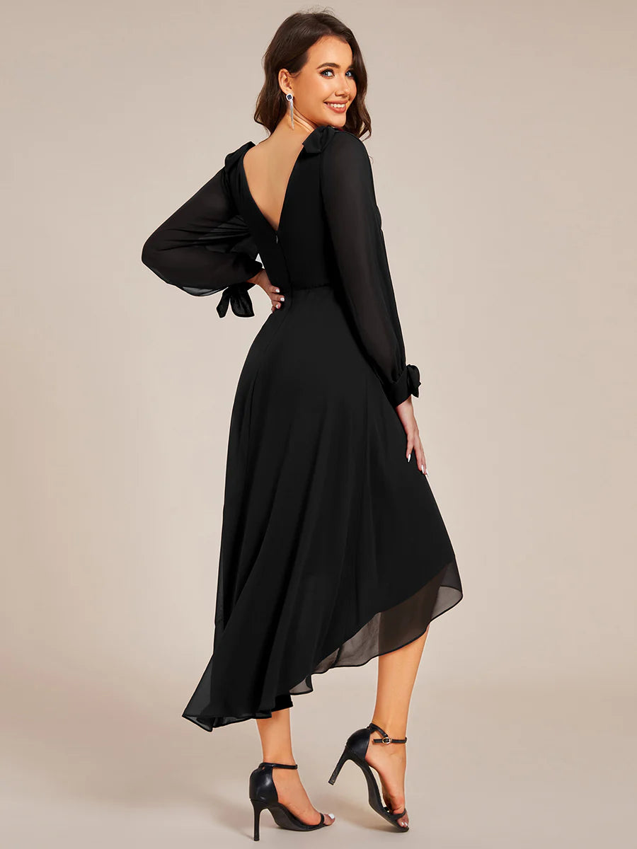 Elegant Butterfly Design Long Sleeves Midi Length A-Line Asymmetrical Hem Chiffon Dresses
