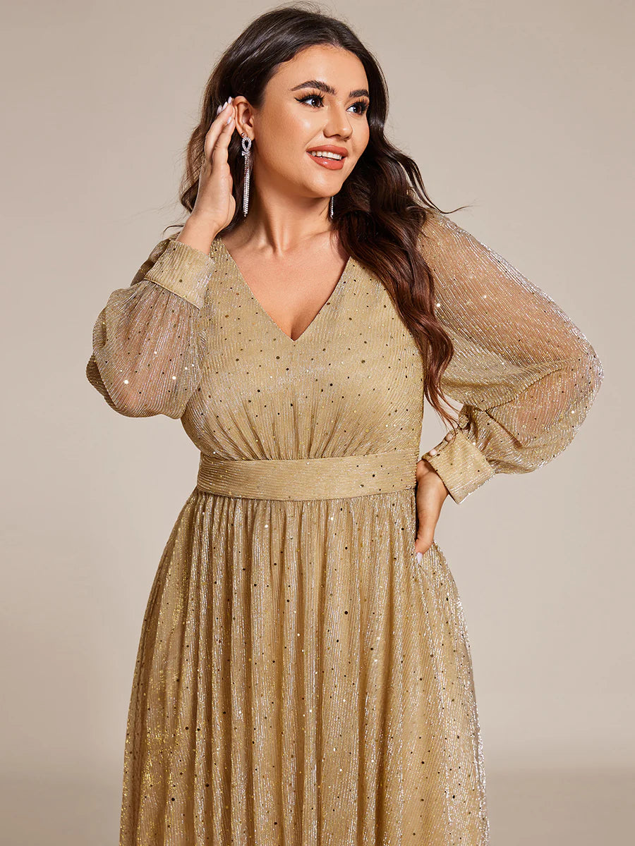 Plus Size Elegant Long Lantern Sleeve Midi Length Sequin Tulle Dresses with Shimmer Decoration
