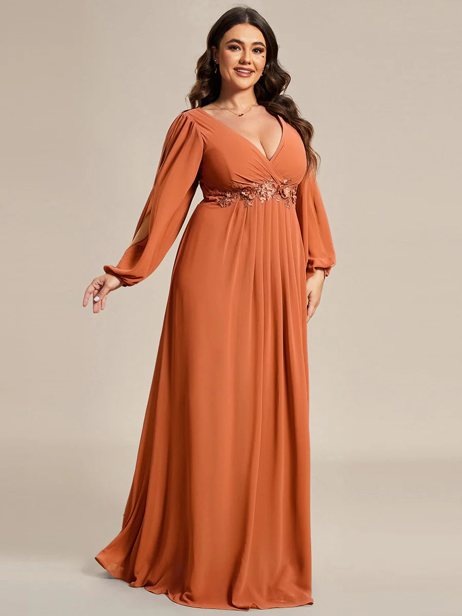 Wholesale Chiffon Plus Size Evening Dresses with Long Lantern Sleeves