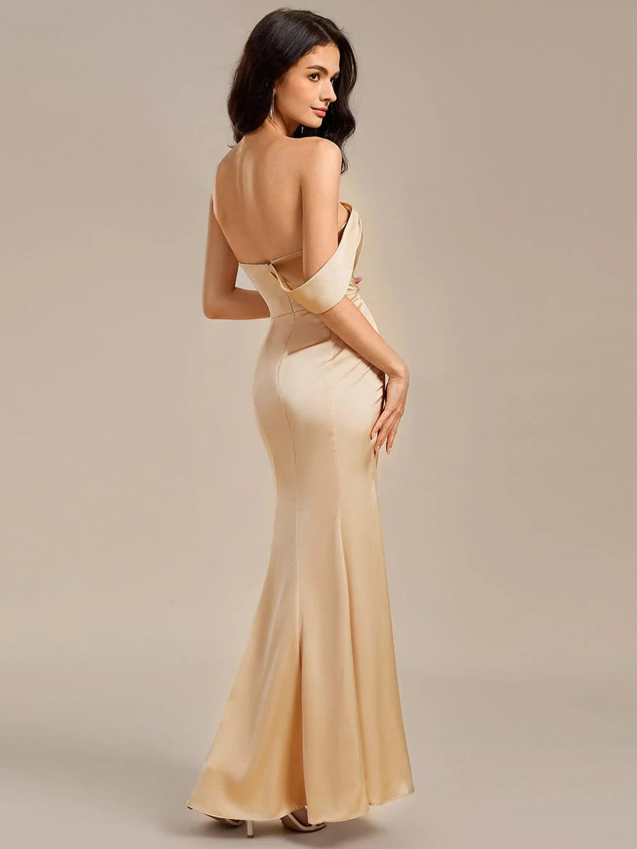 Custom Made|Sheath Off the Shoulder High Slit Mermaid Satin Bridesmaid Dress