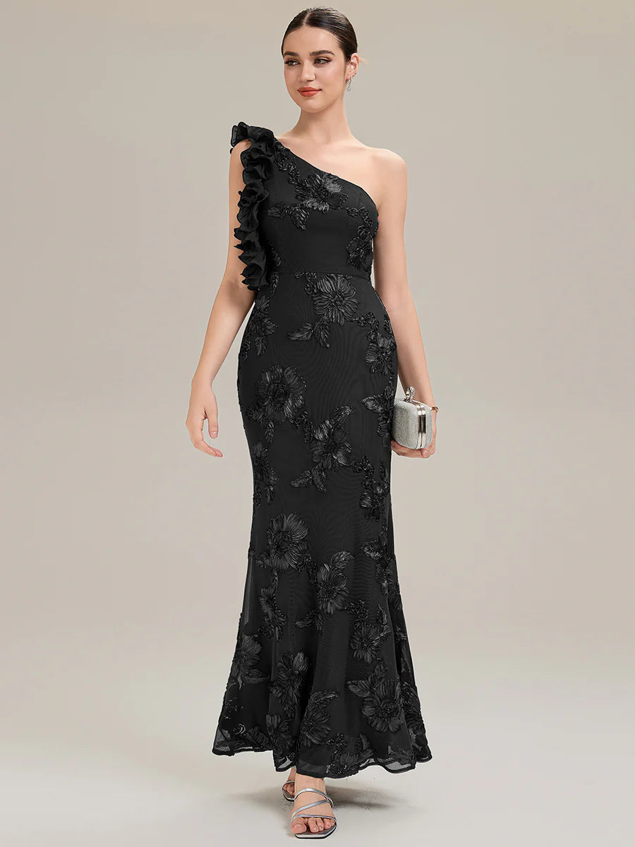 Custom Made One Shoulder Sleeveless Floral Jacquard Fishtail Evening Dresses