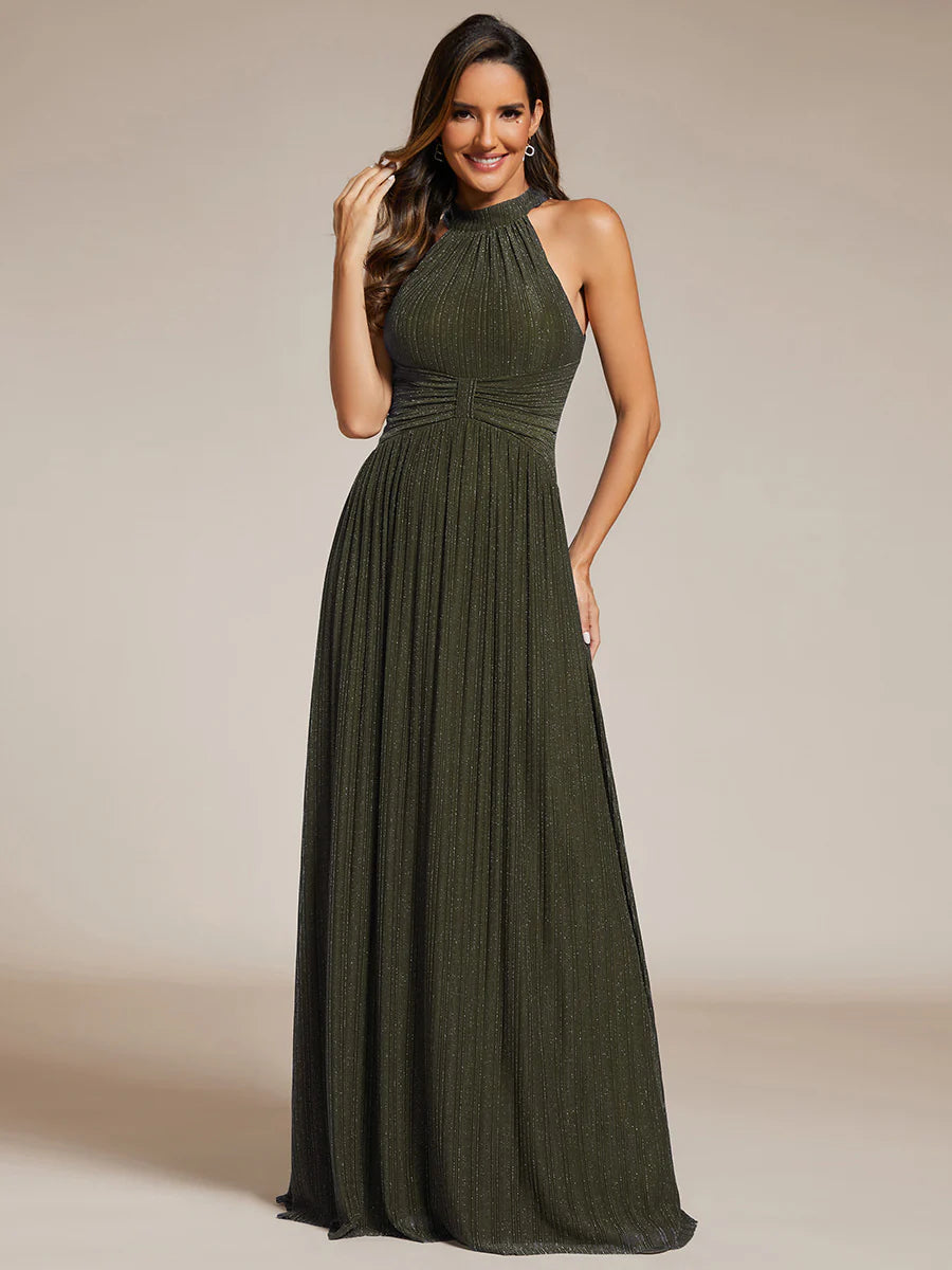 Glittery Halter Neck Pleated Formal Wholesale Evening Dress