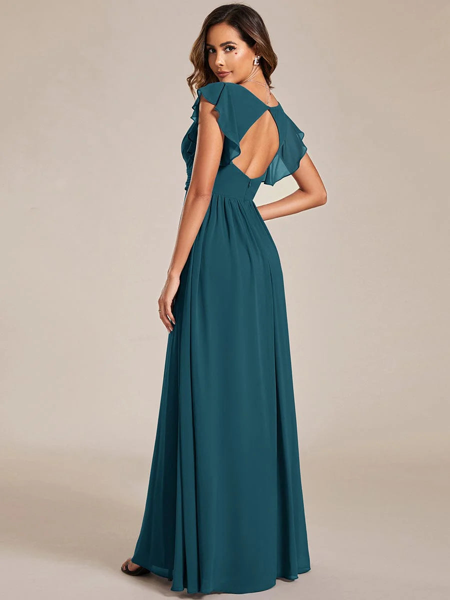 Ever LILYANA|Floral V-Neck Open Back Ruffled Sleeves Chiffon Bridesmaid Dress
