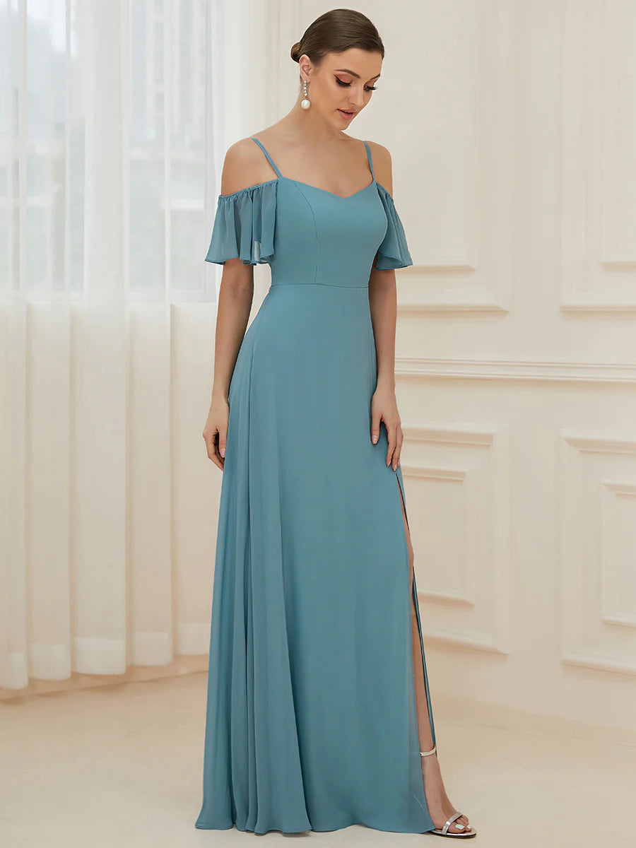 Wholesale High Split Chiffon Bridesmaid Dress With Spaghetti Straps