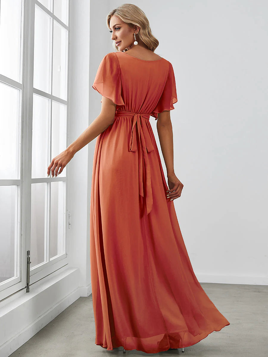A Line Wholesale Evening Dresses with Deep V Neck Ruffles Sleeves