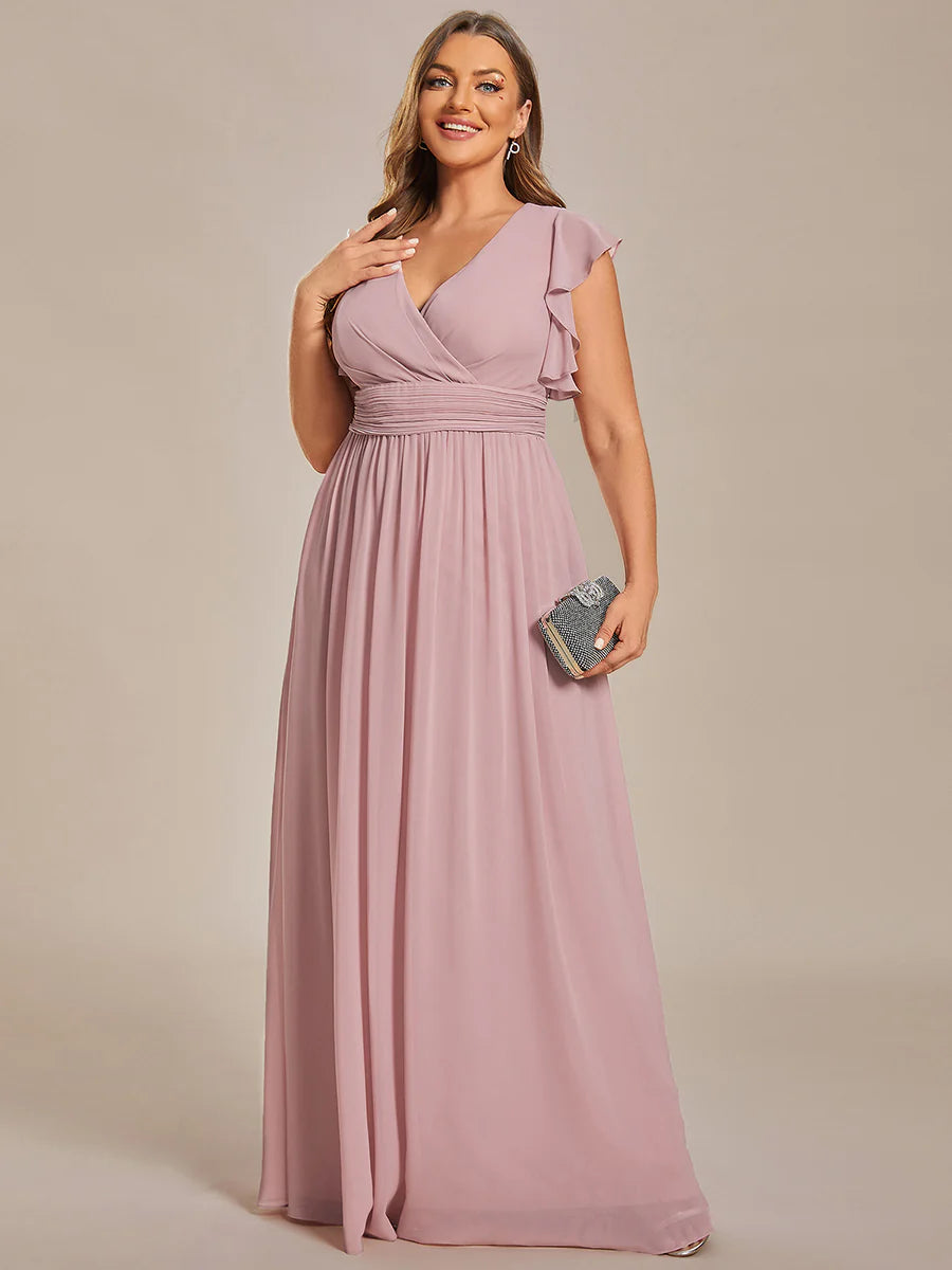 Plus V Neck Pleated Belted Ruffles Wholesale Bridesmaid Dresses