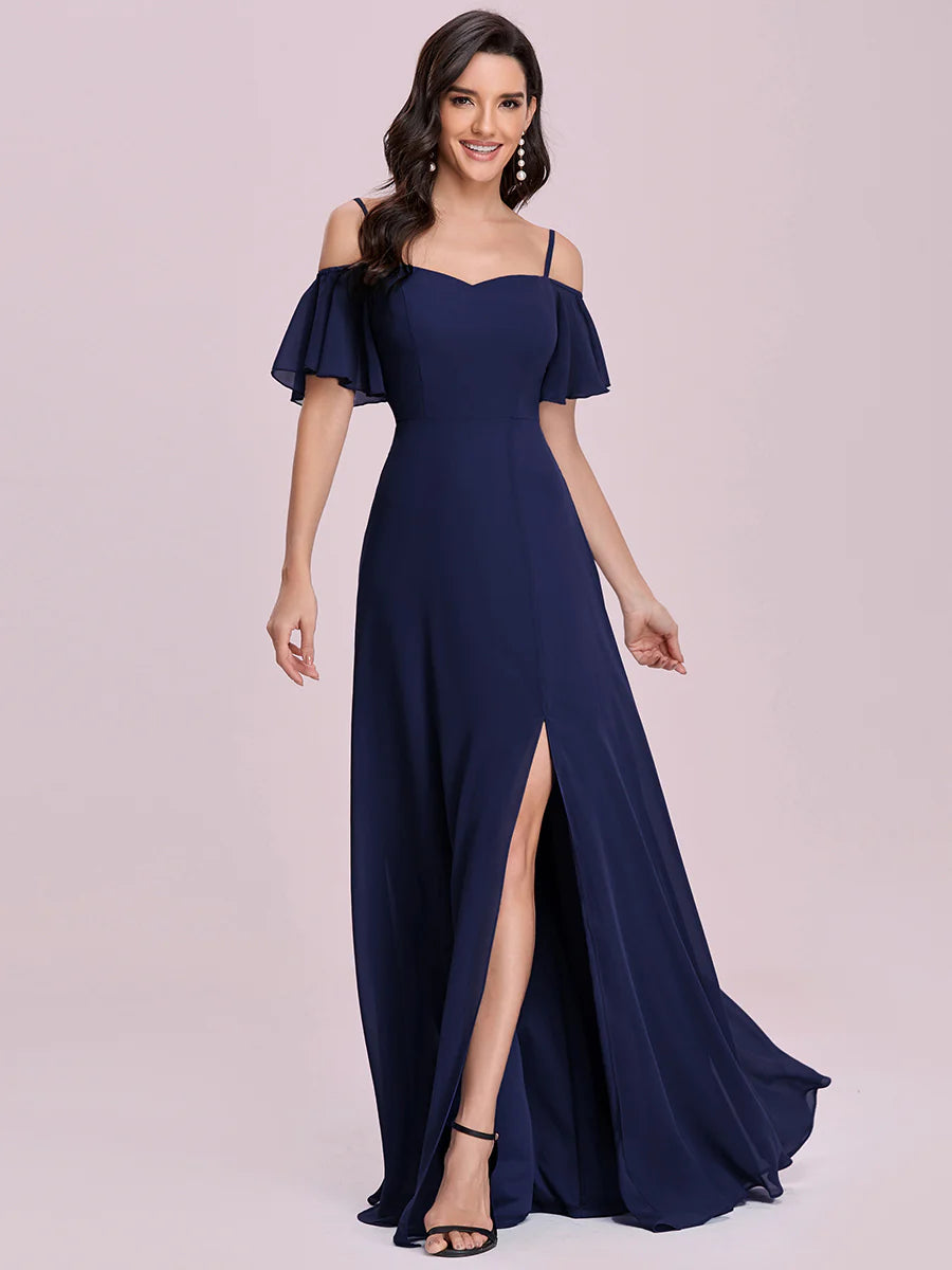 Wholesale High Split Chiffon Bridesmaid Dress With Spaghetti Straps