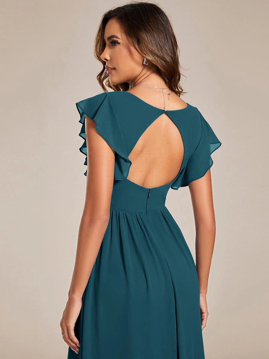 Ever LILYANA|Floral V-Neck Open Back Ruffled Sleeves Chiffon Bridesmaid Dress