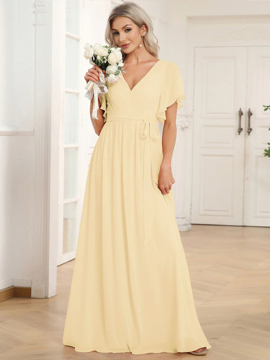 A Line Wholesale Evening Dresses with Deep V Neck Ruffles Sleeves