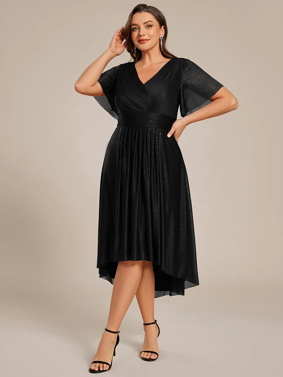 Plus Size Short Sleeve Ruffled Pleated V-Neck A-Line Midi Wedding Guest Dresses