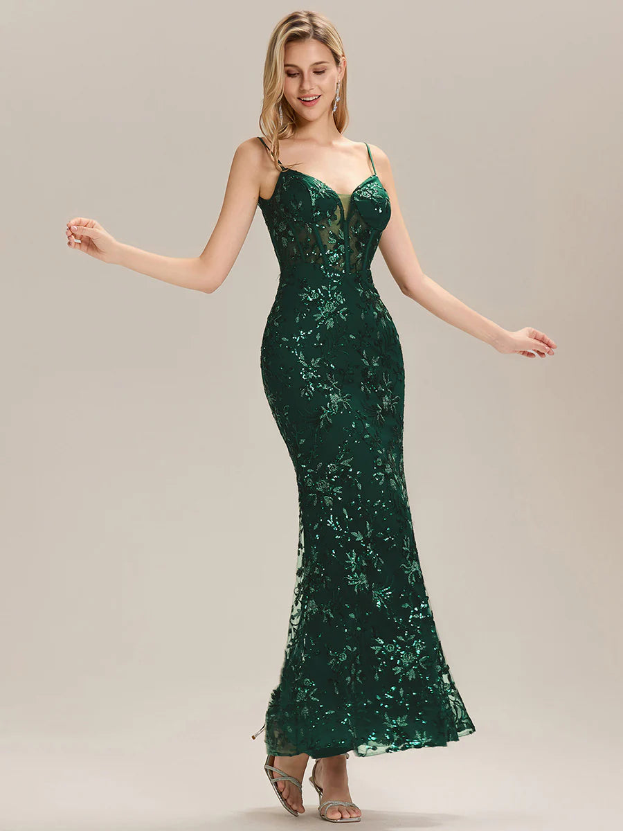 Sleeveless Deep V-Neck Backless Sequin Fishtail Evening Dresses