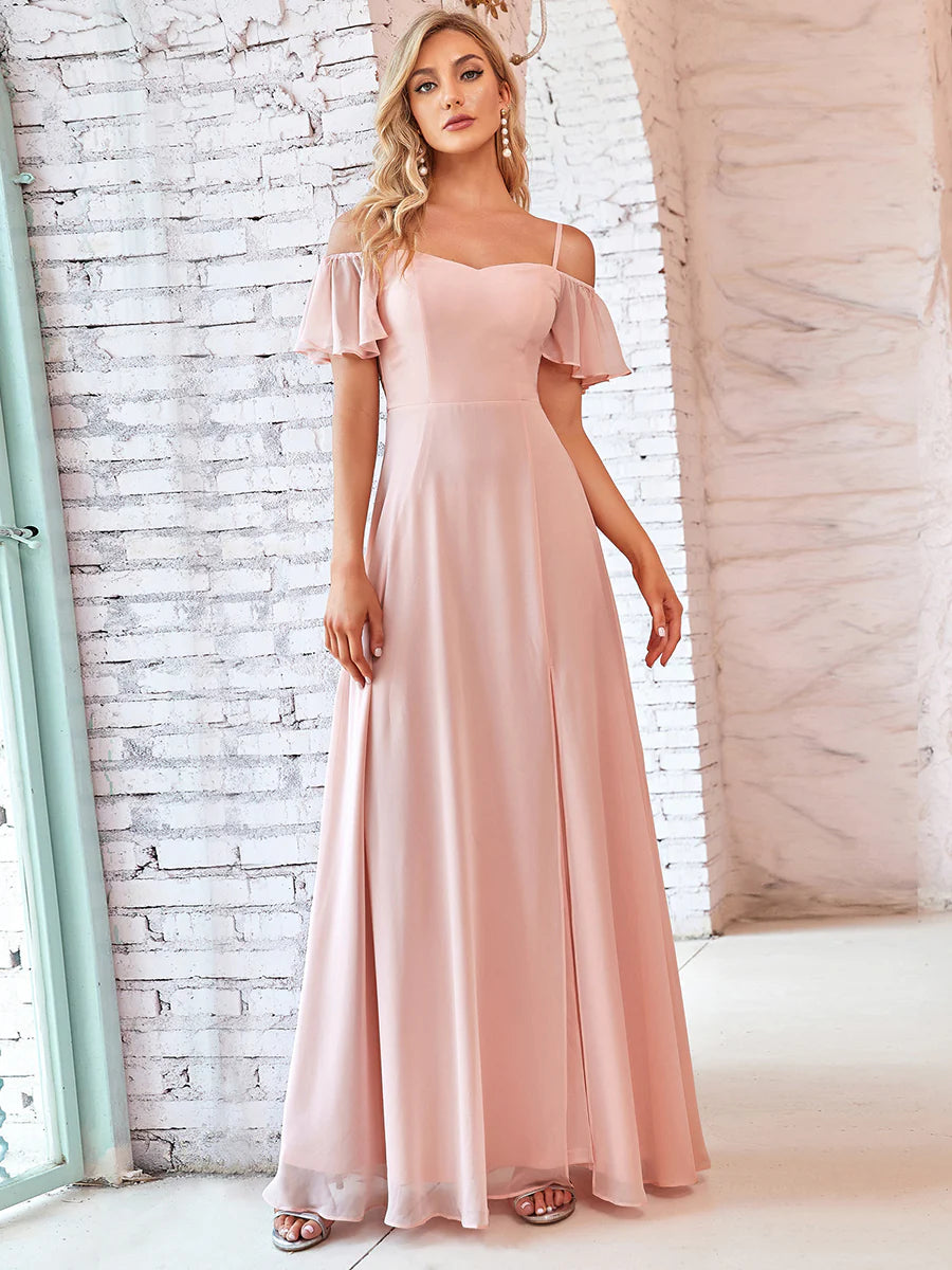 Wholesale High Split Chiffon Bridesmaid Dress With Spaghetti Straps