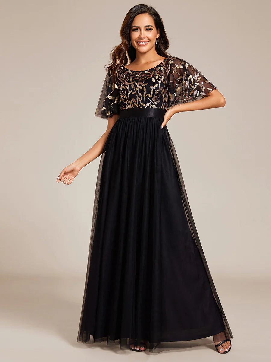 Sequin Print Floor-length Wholesale Evening Dresses with Cap Sleeve