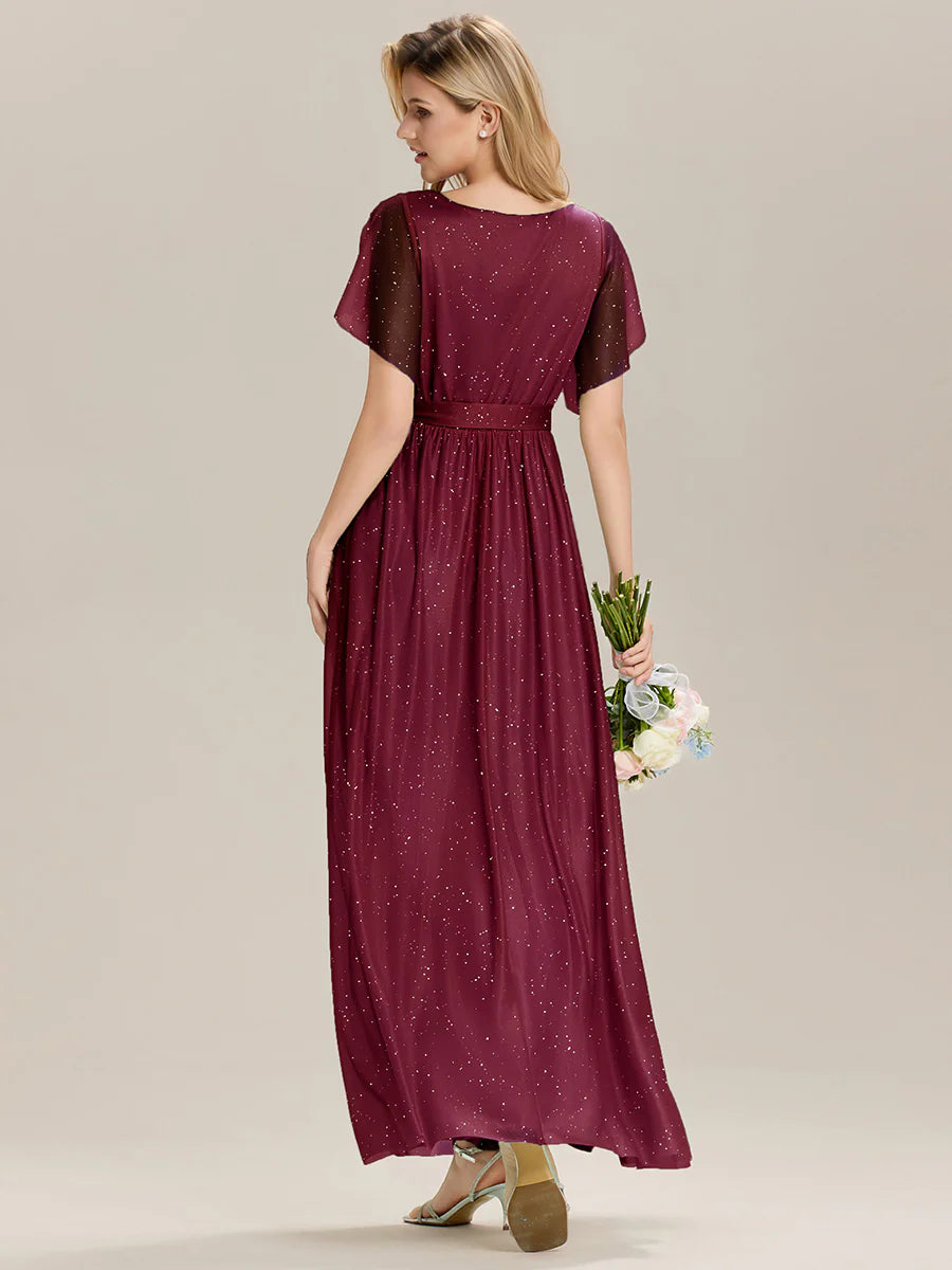 Short Sleeve Ruffle Deep V-Neck A-Line Floor Length Bridesmaid Dresses
