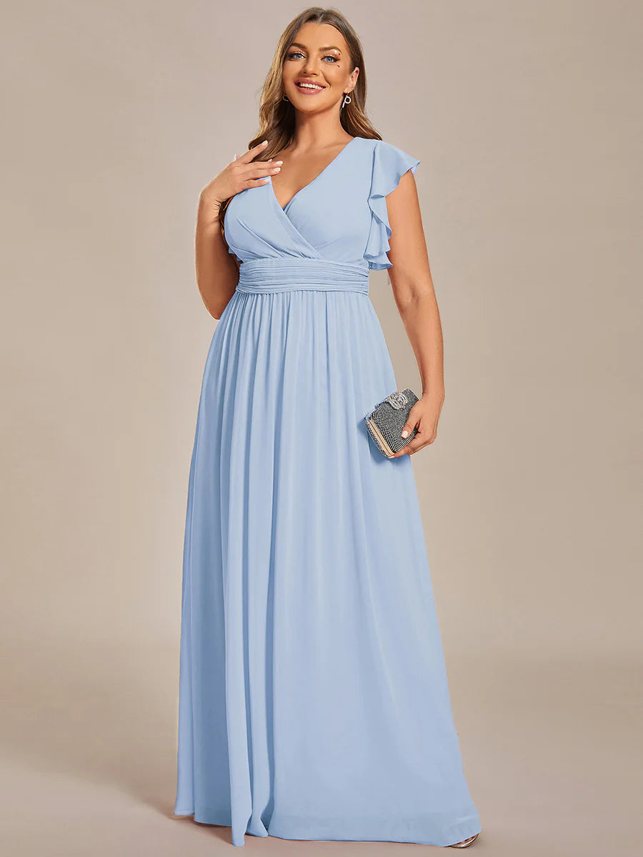 Plus V Neck Pleated Belted Ruffles Wholesale Bridesmaid Dresses