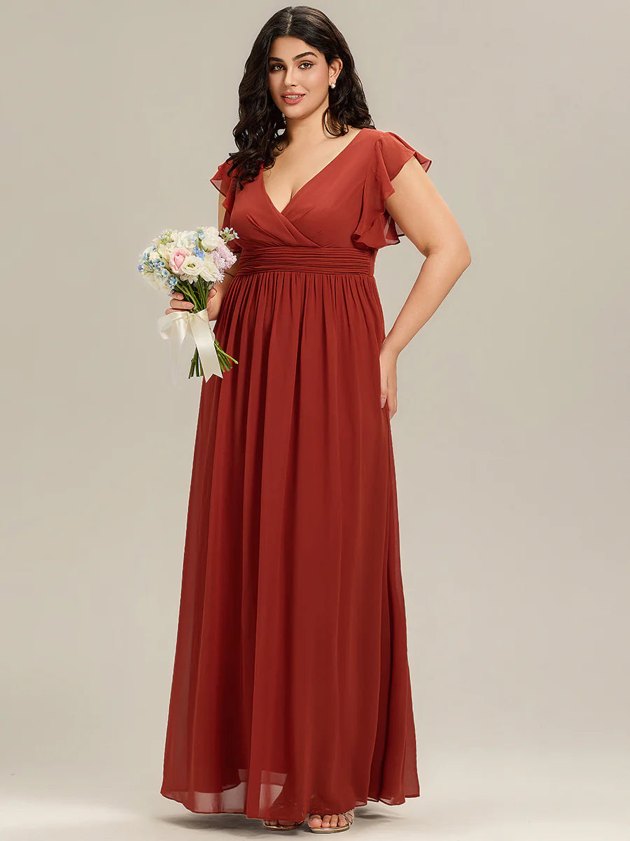 Plus V Neck Pleated Belted Ruffles Wholesale Bridesmaid Dresses