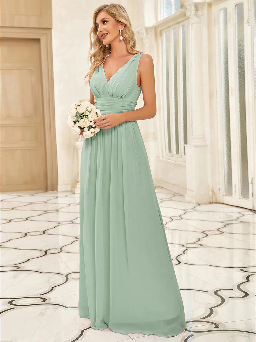 Elegant Double V-Neck Maxi Long Wholesale Bridesmaid Dresses