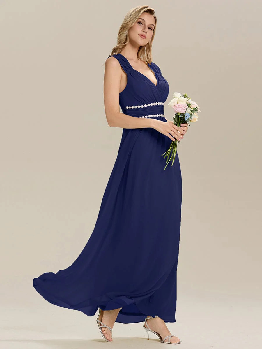 Custom Made Sleeveless Pleated Deep V-Neck A-Line Floor Length Dress; Bridesmaid Dresses
