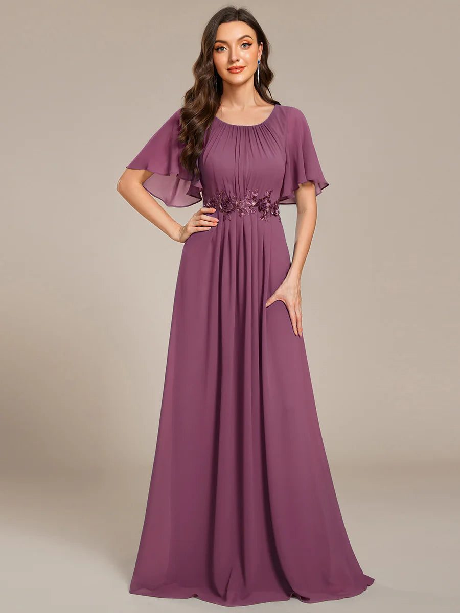 Short Sleeves Pleated Applique A-Line Floor-Length Formal Evening Dress