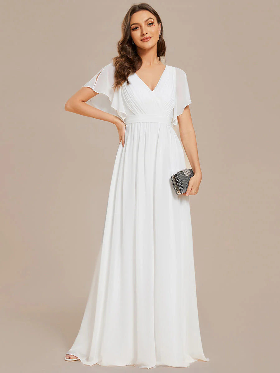 A Line Wholesale Evening Dresses with Deep V Neck Ruffles Sleeves