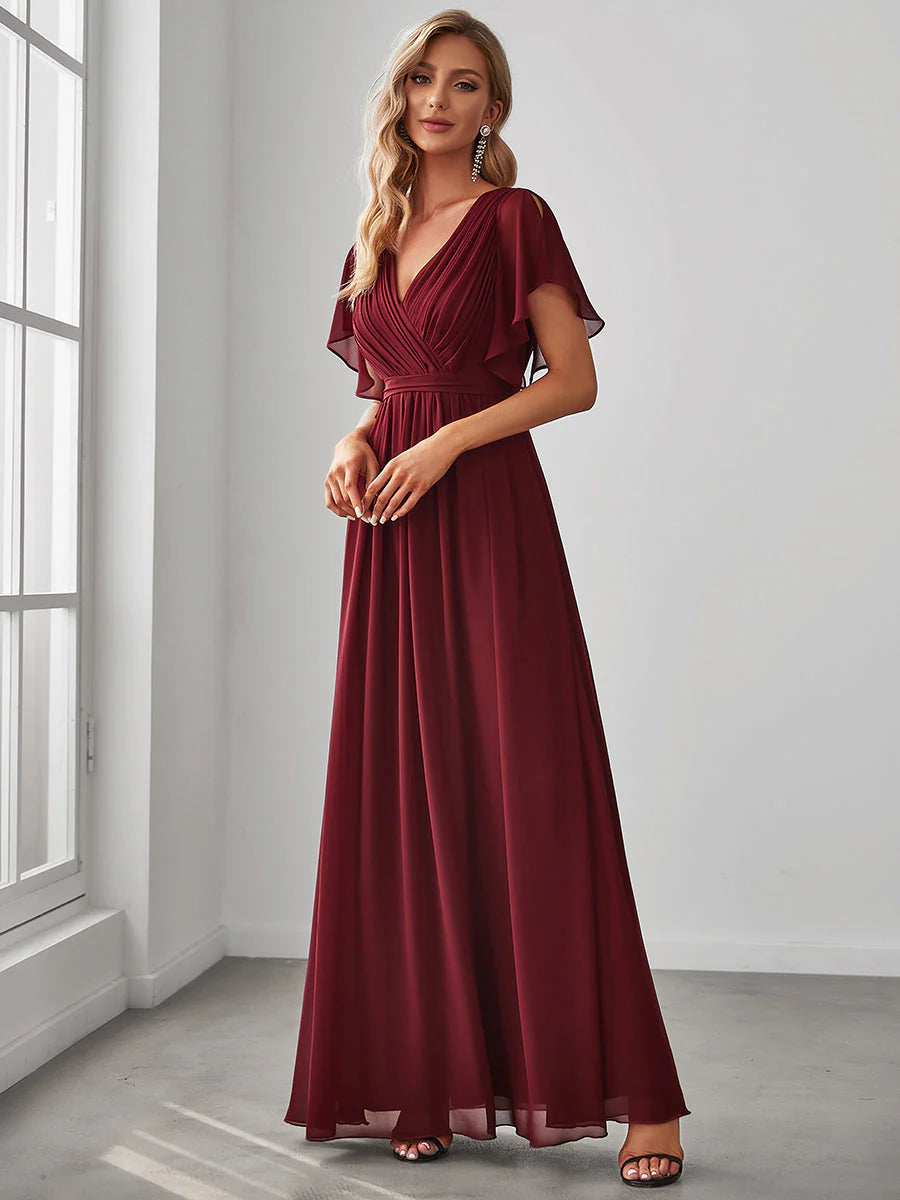 A Line Wholesale Evening Dresses with Deep V Neck Ruffles Sleeves