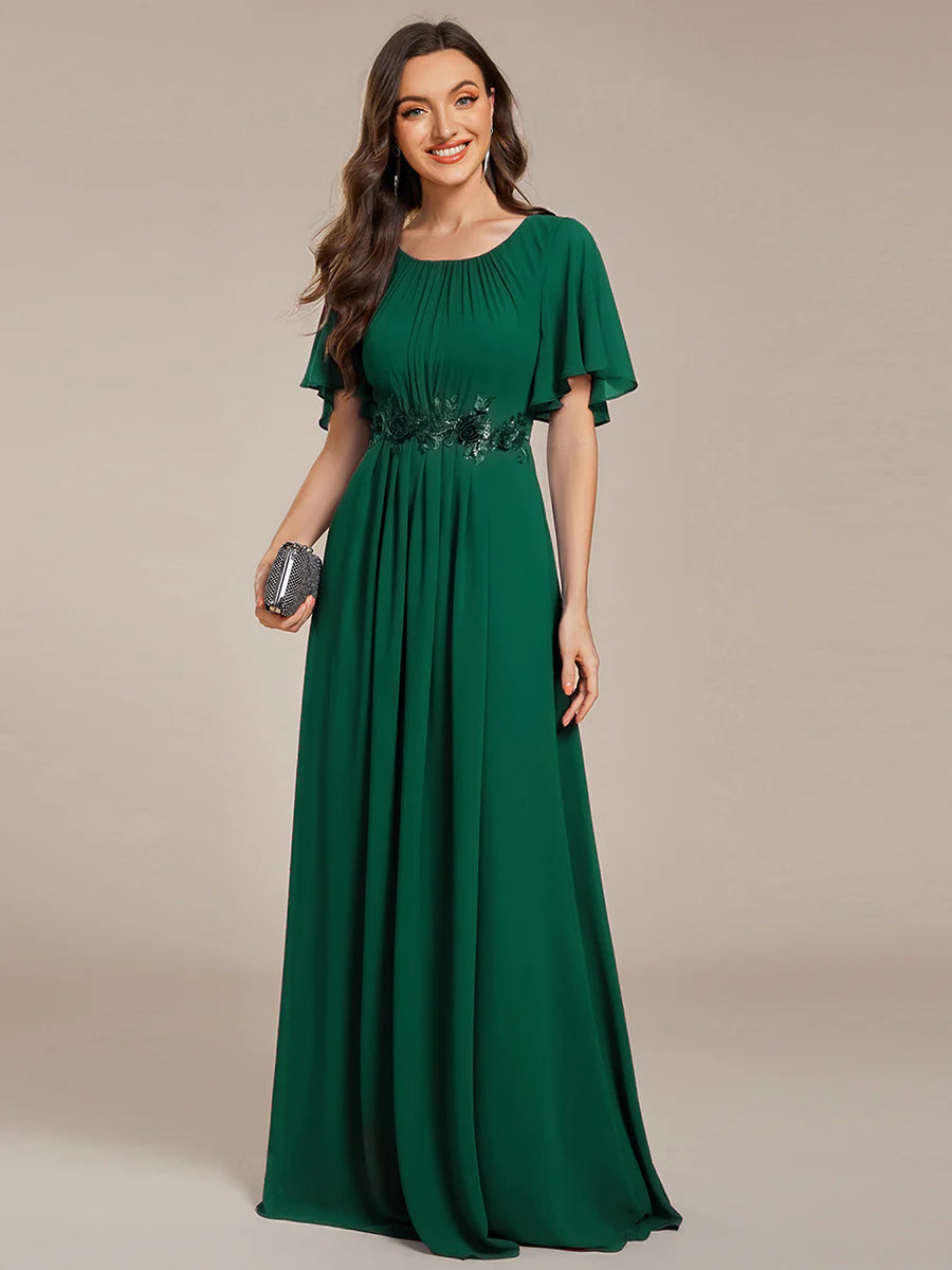 Short Sleeves Pleated Applique A-Line Floor-Length Formal Evening Dress